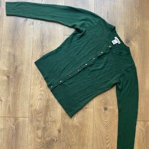 CB Design Emerald Green Button-Front Cardigan, Size M – Ribbed Trim Details
